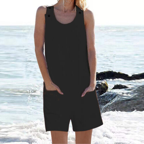 Womens Cotton Linen Mini Jumpsuit Ladies Summer Beach Playsuit Romper Shorts New - Picture 1 of 41
