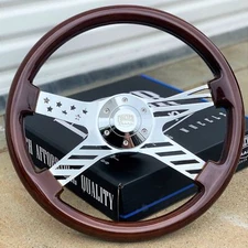 15" Chrome USA Flag Steering Wheel Dark Wood Grip, 6 Hole Chevy Ford GMC