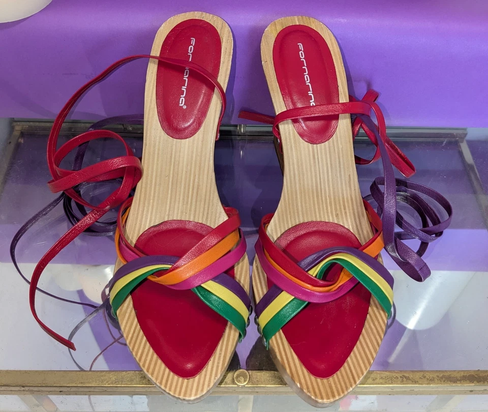 Sandalias de cuña de madera Fornarina con corbatas de cuero arco iris para mujer talla 39 Foto 4 de 4