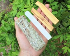 Cleansing Kit: 5" Selenite, 2 Palo Santo  1 Blue Sage Smudge Stick, Directions
