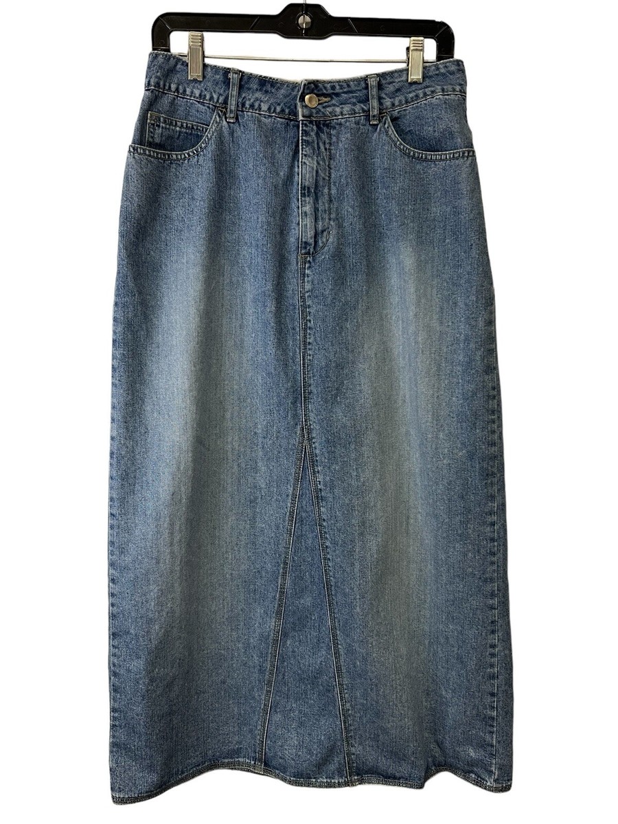 St Johns Bay Medium Wash Denim Blue Jean Back Slit Midi Skirt Size 10