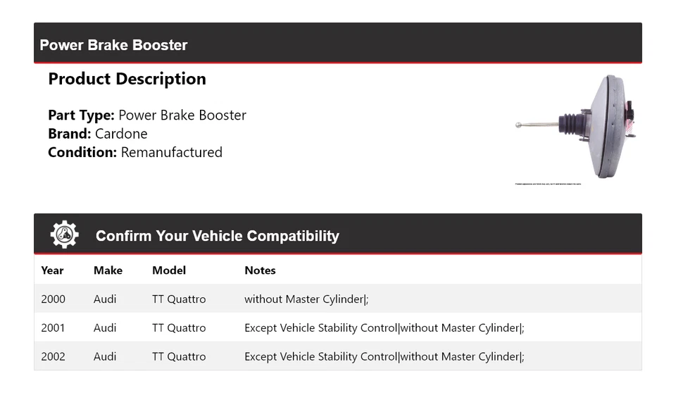 Para Audi TT Quattro 2000-2002 Power Brake Booster Cardone 2001 Foto 2 de 4
