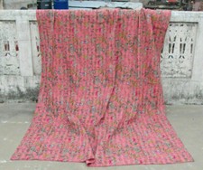 Image of Indian Hand Block Kantha Queen King Quilt Cotton Pink Bedspread Blanket Throw