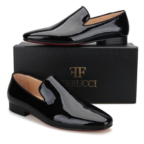 FERUCCI Negro Liso Patente Cuero Pantuflas Mocasines Boda Baile de graduación Zapatos - Imagen 2 de 10