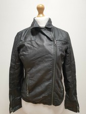 Hh416 Womens Barneys Black Zipped Leather Jacket Uk L 12 Eu 40