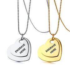 Engraved Stainless Steel Double Heart Pendant Necklace Silver or Gold Plated