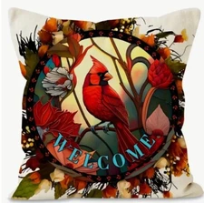 Cardinal Wreath Fall Winter Throw Pillow Cover Winter Holiday Home Decor 18”