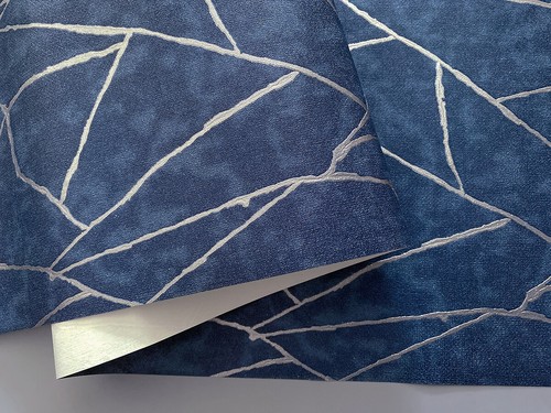 Abstract Lines Geometric Wallpaper Navy Blue and Silver Vinyl Wallcoverings 9.5m - Picture 5 of 5