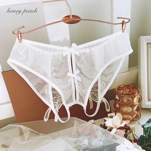 Sexy Lace Underwear Hollowed Out Large Bow Open Band Middle Waist Briefs - Picture 2 of 15