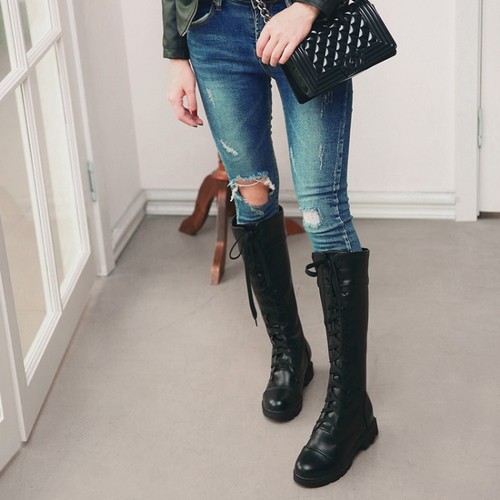 Ladies Low Heel Lace Up Knee High Biker Boots Round Toe Riding Combat Shoes Size - Picture 2 of 19