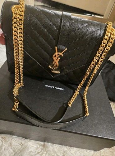 Authentic Yves Saint Laurent YSL envelope shoulder bag Medium Black with gold 