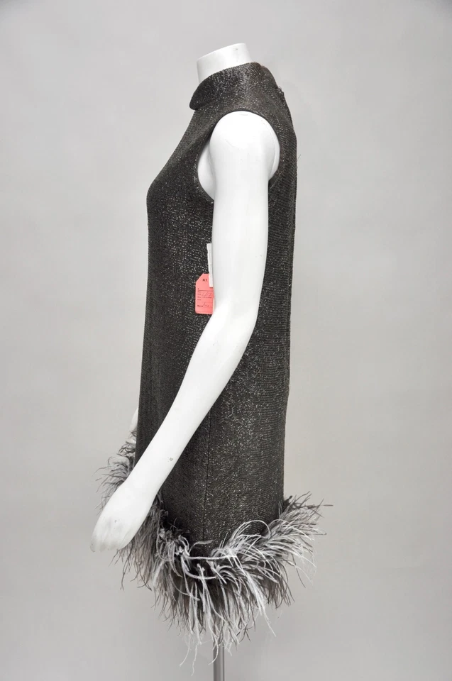 Vestido de fiesta vintage años 60 marrón plateado cojo sin mangas mod ribete de plumas Foto 4 de 4