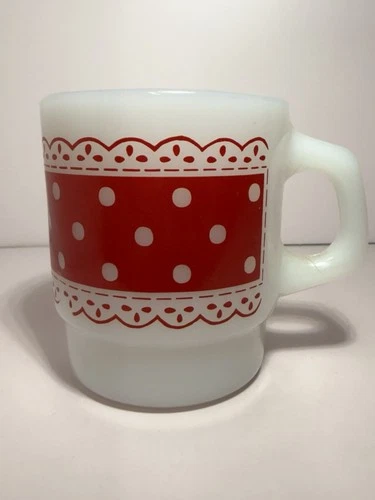 VINTAGE - Fire King Anchor Hocking Red Polka Dot Lace Milk Glass Coffee Cup Mug