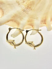 14k Solid Yellow Gold Dolfin Hoop Earrings