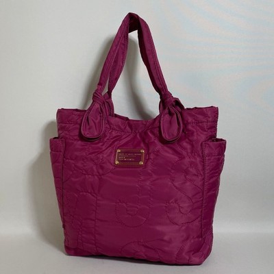 Marc by Marc Jacobs Pink Quilted Heart Nylon Tote Bag Gold Logo Plaque Authentic