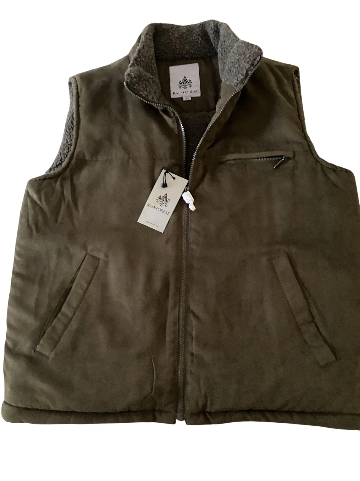Rainforest Vest Mens Medium Olive Green Sherpa Lined Puffer Full Zip Pockets