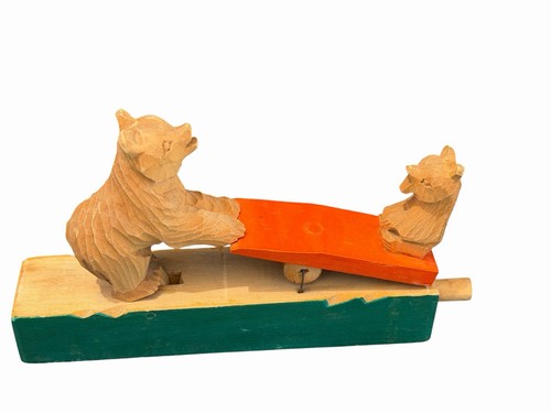 Vintage Hand Carved Wooden Bear Cub Seesaw Pull Toy Folk Art Animal