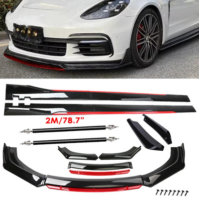 Glossy Black Look Red Front Lip Chin Bumper Side Skirt For Porsche Panamera U
