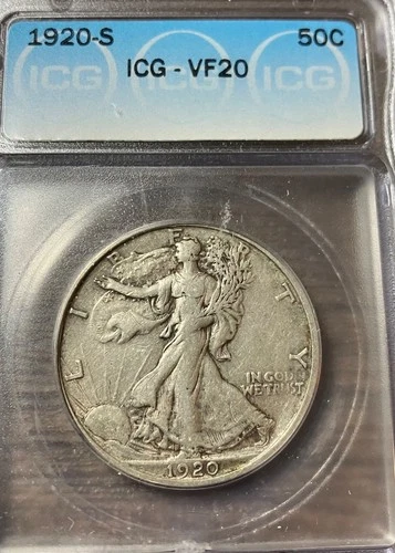 1920-S 50C WALKING LIBERTY HALF, ICG VF-20, AVERAGE STRIKE & WEAR, BETTER DATE