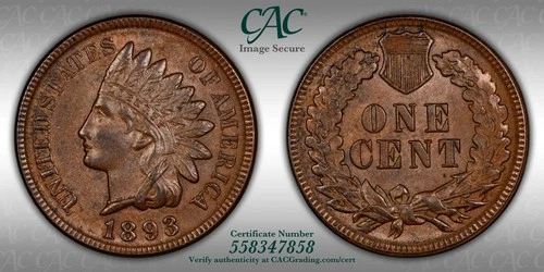 1893 Indian Head Cent 1c - CACG MS62 BN RPD FS-301 Snow-2 - RARE Variety To Find