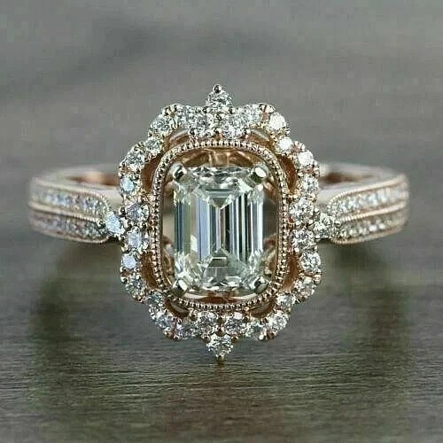 Vintage Emerald Cut 3CT Lab Created Diamond Engagement 14K Rose Gold Plated Ring