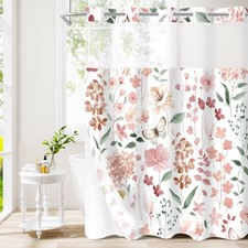Extra Long No Hook Pink Watercolor Floral Shower Curtain and Liner Set, Flowe...