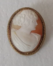 Vintage Gold-Filled Cameo Brooch Pretty Lady Portrait carved shell