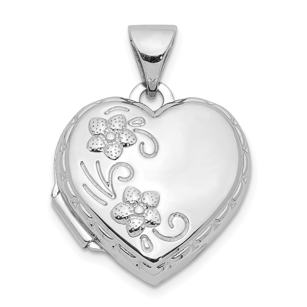 Sterling Silver Rhodium-plated 15mm Floral Heart Locket Pendant 1.37gm L-21 mm