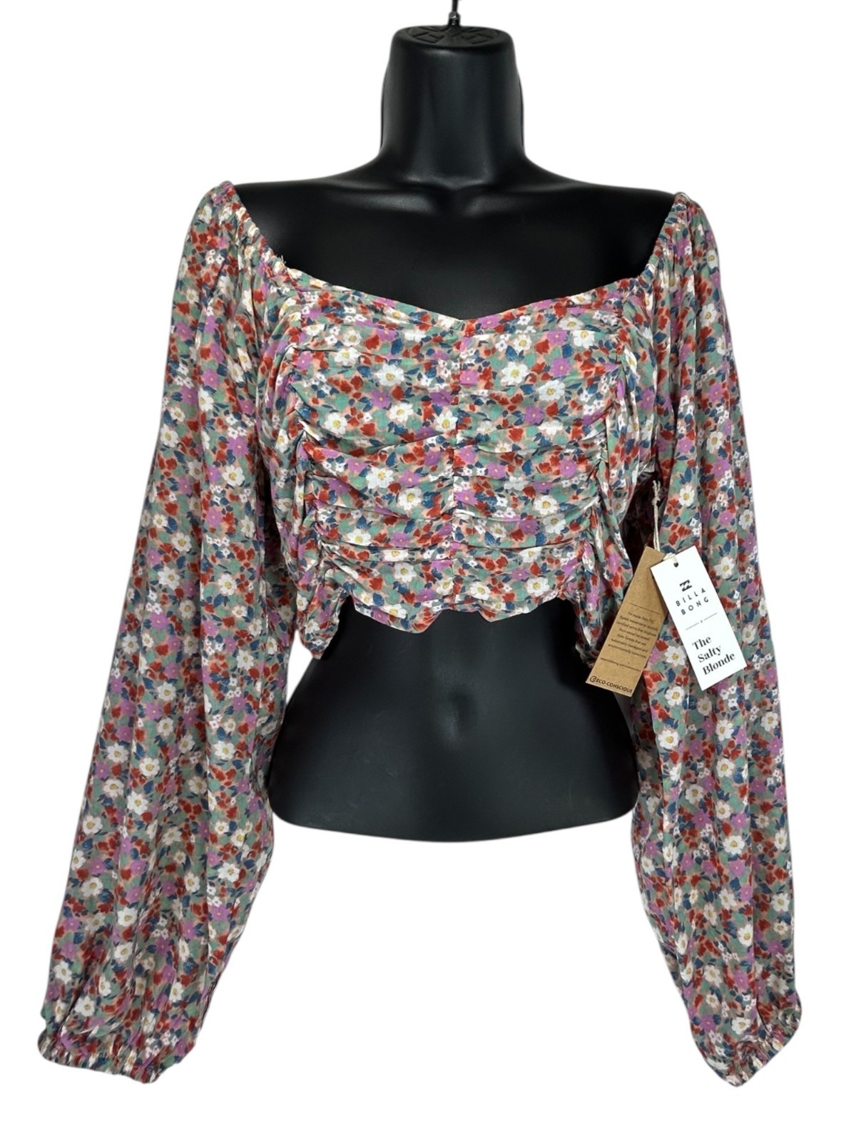 BILLABONG THE SALTY BLONDE Free Love Crop Top Sz S Multicolor Floral Puff Sleeve