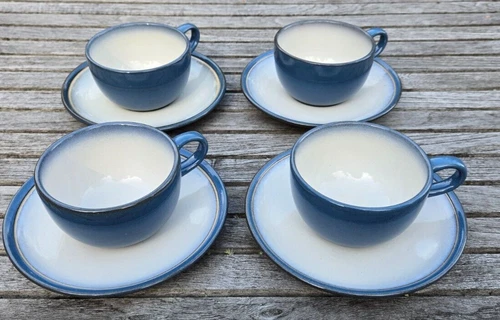 Set of Four Heath Ceramic Cup and Saucer Sets Blue White Pattern 1990's HTH21