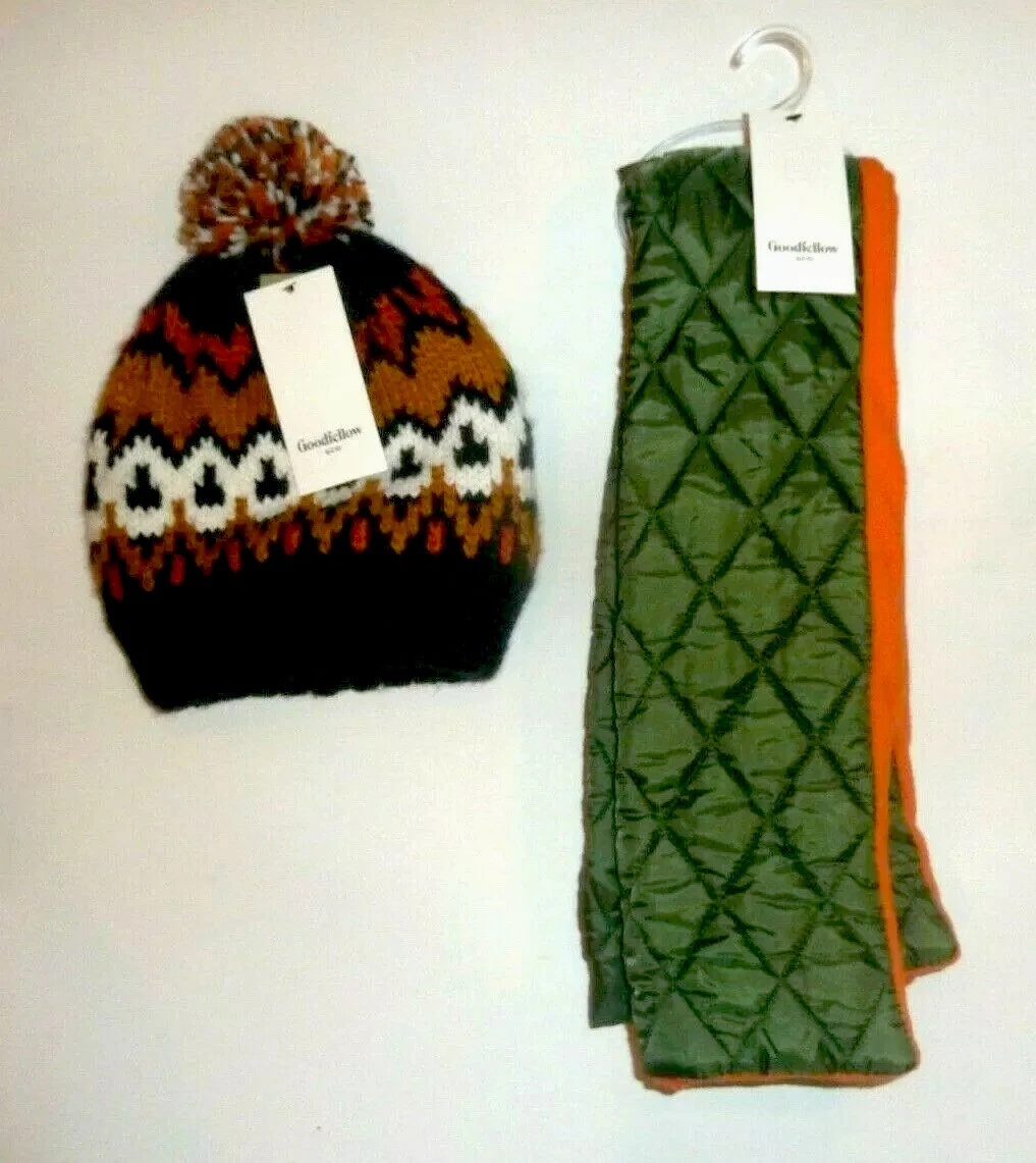 Goodfellow & Co Men's Toboggan Hat Pom Pom & Scarf Reversible One Size Blue New