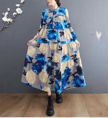 Womens Loose Elegant Printed Dresses Ladies Luxury Classic Casual Vestidos 
