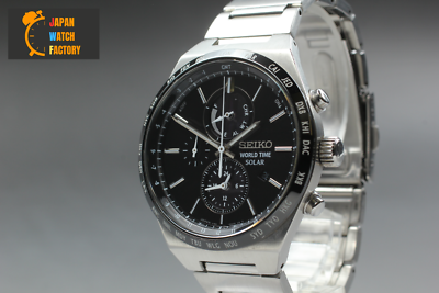 Near Mint] SEIKO WORLD TIME SOLAR V195-0AE0 Black Chronograph 