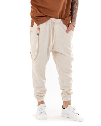 Pantalone Uomo Lino Lungo Tinta Unita Beige Coulisse Cavallo Basso Casual  GIOSAL | eBay