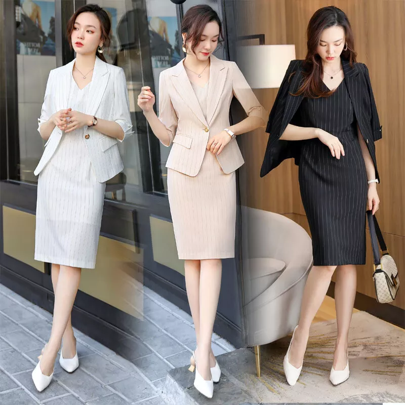 Summer Striped Half Office Women Business Uniform Blazer Dress Suit Work Wear