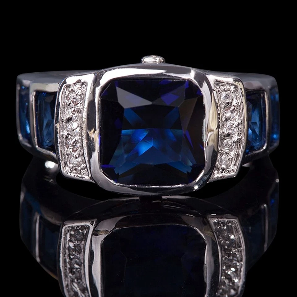Anillo de compromiso de lujo de zafiro azul chapado en oro talla 8,9,10,11 de moda para hombre Foto 4 de 4