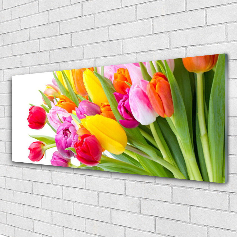 Tableau sur verre floral 125x50 Tulipes pour masquer les grands murs nus