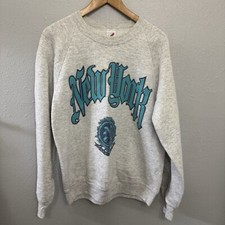 Vtg 90s NYC New York NY University Grey Blue Logo Sweater Jerzees Sweatshirt L