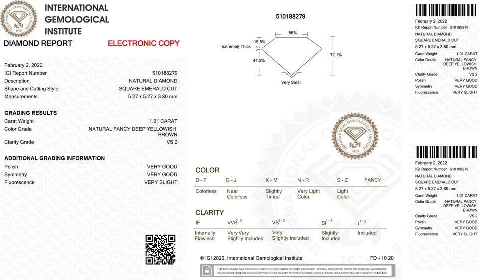 Emerald Shape Diamond Fancy Brown Color Loose 1.01 Carat VS2 IGI Certificate - Image 3 of 4