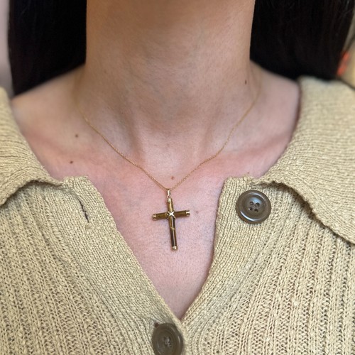 14KT Yellow Gold Tiger's Eye Brown Gemstone Detailed Cross Pendant Charm 36mm - Picture 7 of 7