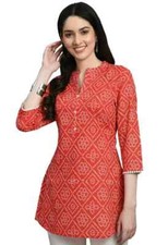 Indian Women Orange Pure Cotton Floral Printed Kurta Kurti Top Tunic Dress