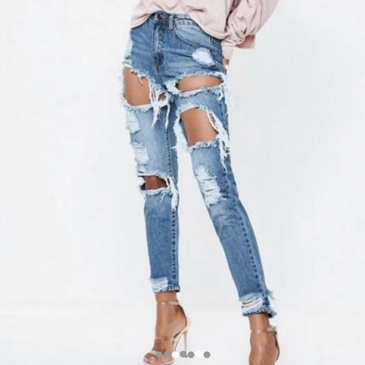 Missguided Petite Riot High Rise Ripped Rigid Blue Mom Jeans Size 6