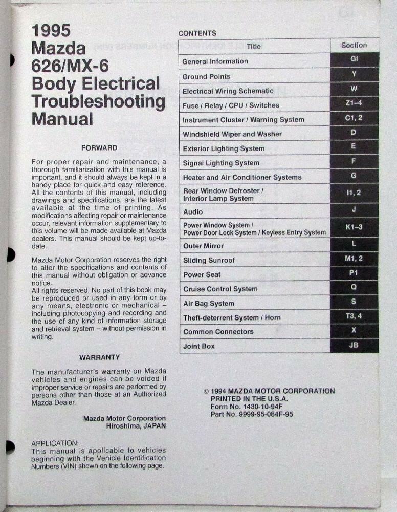 1995 Mazda 626 MX-6 Body Electrical Troubleshooting Manual | eBay