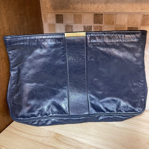 Vintage 80s Navy Blue Leather Clutch Purse Hand Bag Zipper Gold Brass Minimalist - Picture 15 of 24