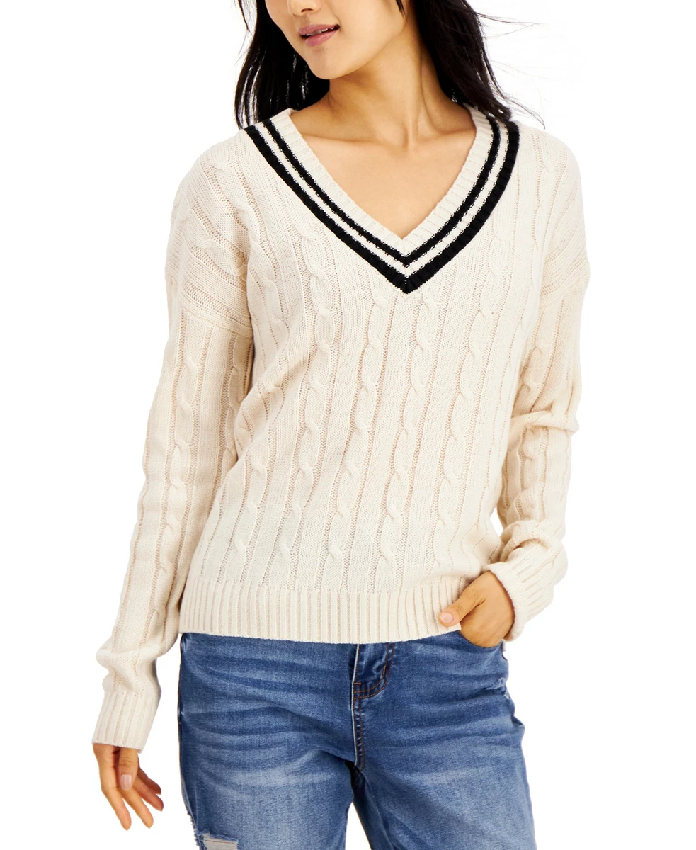 Hooked Up By IOT Women's Juniors' Varsity Cable-Knit Sweater (Large, White)