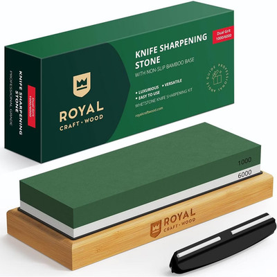 Royal Knife Sharpening Stone Pro Grade 1000/6000 Grit W/Non-Slip Bamboo Base NIB