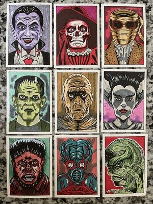 MONSTER - ACEO -  Art Sketch (9) Card Set Painting Drawing KISS Frankenstein