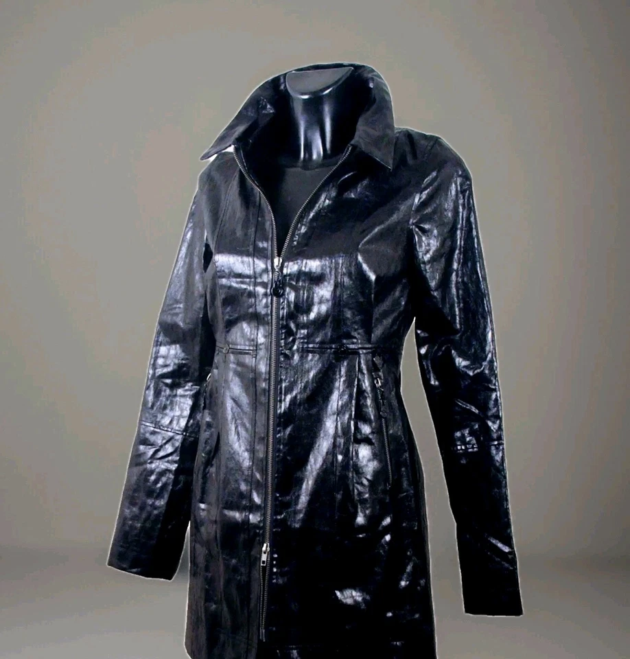 Firetrap Black Abrigo 2/4" Wet Look "Shaped Distrassed Efecto New Con Tag Eu 8 - Imagen 3 de 4