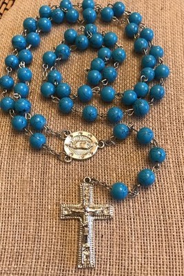 Vintage Turquoise And Silver Tone Catholic INRI Rosary