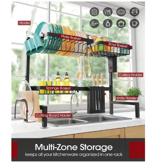 Escurridor ajustable de acero inoxidable de 2 niveles y gran capacidad con soporte Foto 4 de 4